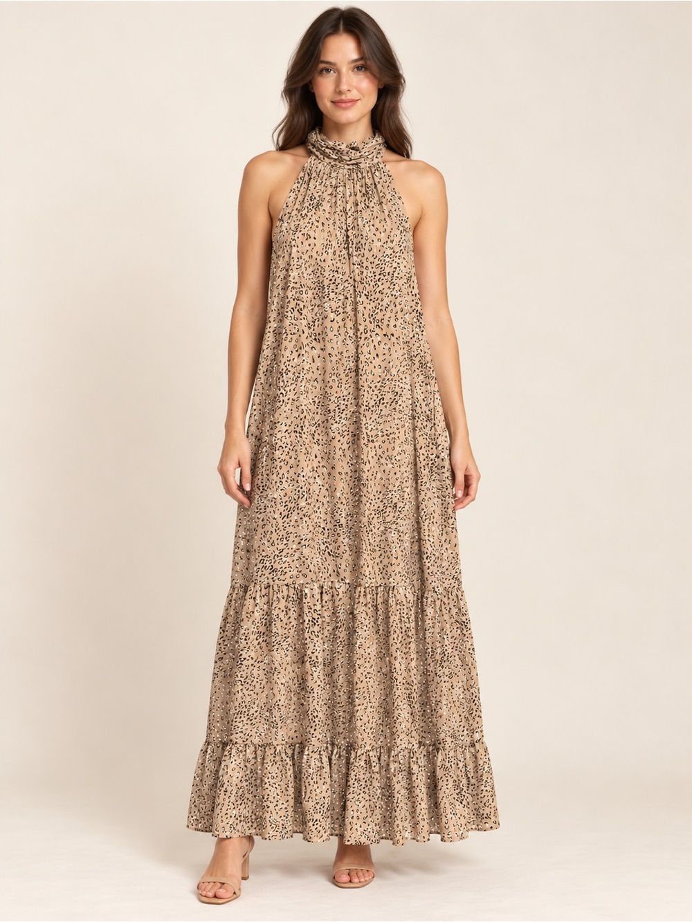 Vince Camuto 🔥 Halter Tiered Maxi Dress with Animal Spot Print
